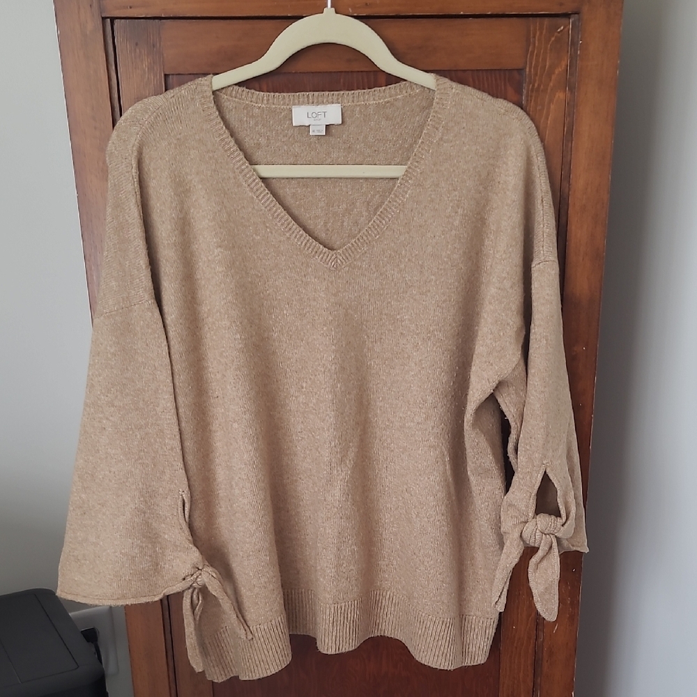 LOFT Beige V-Neck Sweater with Bow Sleeves